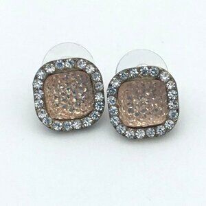Light Pink Pave Stones Rounded Squares Rhinestone Border Costume Post Earrings